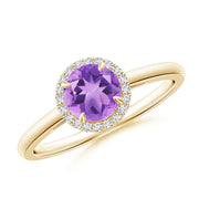 Round Amethyst Cathedral Ring with Diamond Halo