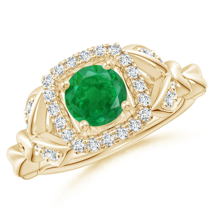 Nature Inspired Emerald Halo Ring with Leaf Motifs