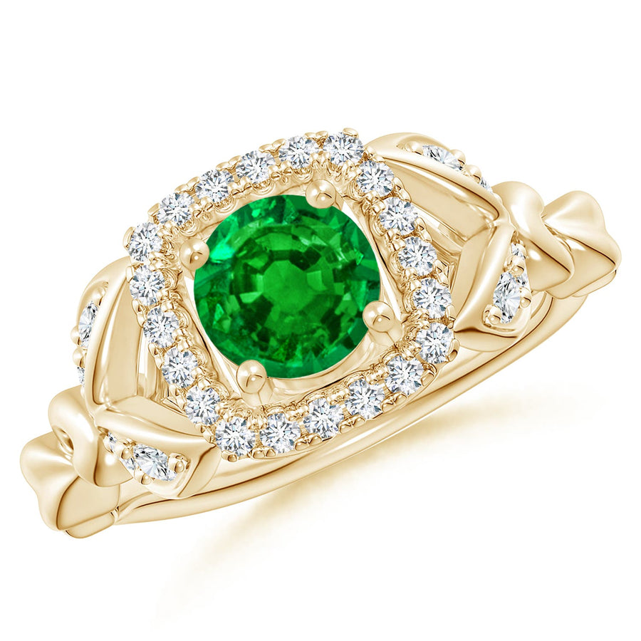Nature Inspired Emerald Halo Ring with Leaf Motifs