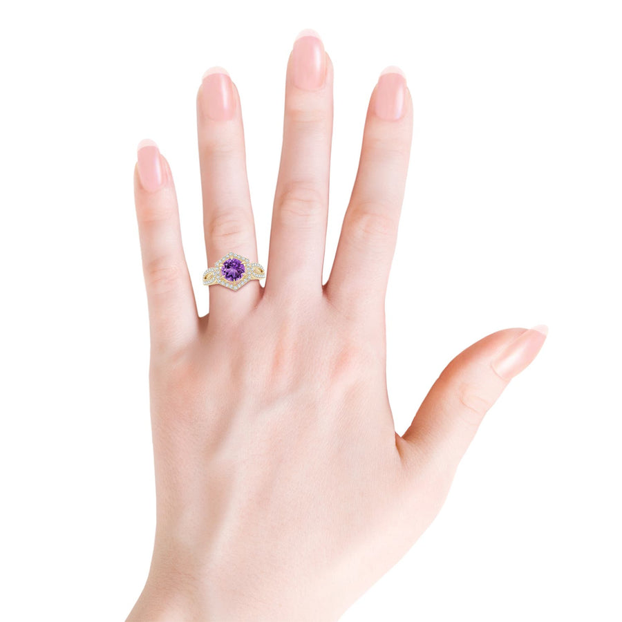 Amethyst Split Shank Ring with Diamond Hexagon Halo