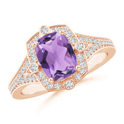 Art Deco Inspired Cushion Amethyst Ring with Diamond Halo