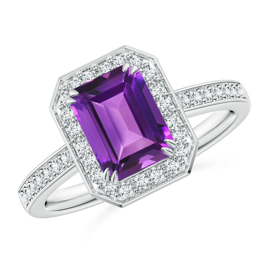 Emerald-Cut Amethyst Engagement Ring with Diamond Halo
